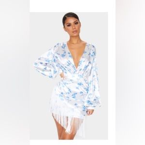 Blue Ditsy Satin Tassel Wrap Detail Long Sleeve Bodycon Dress